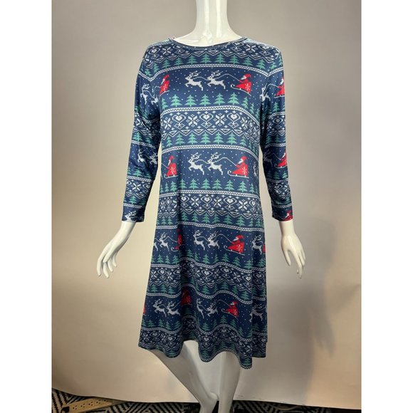 Santa Sleigh Christmas Long Sleeve Dress Size XXL Blue Cotton Blend - Picture 7 of 16